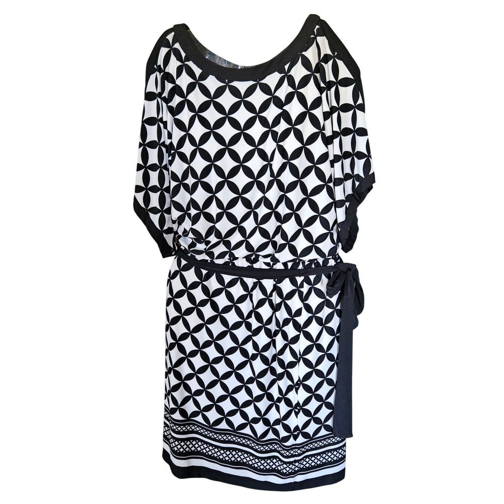 Danny & Nicole Black White Geometric Print Cold Shoulder Belted Sheath Dress 8